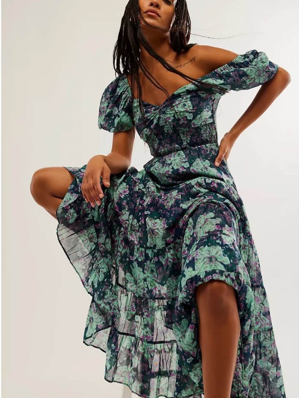 NWOT Free People Sun-drenched Floral Tiered Maxi Dress in Teal and Purple